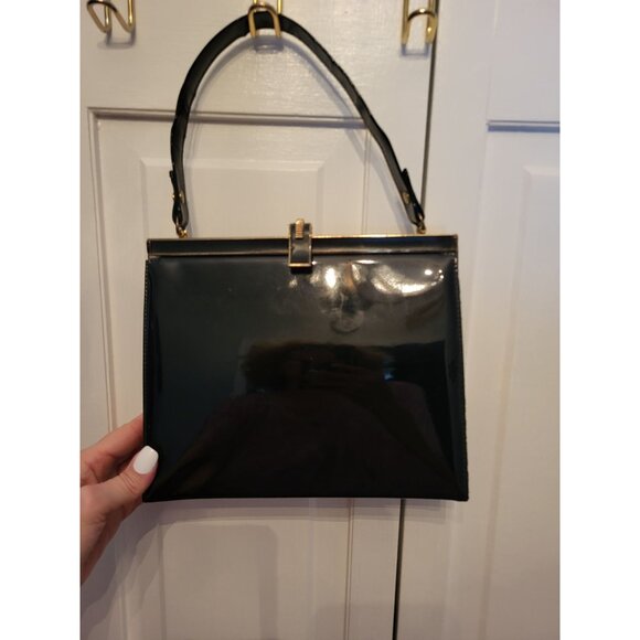 Vintage 60s Black Patent Handbag Gold Clasp Retro Twee Grandma Marilyn Monroe - Picture 1 of 6